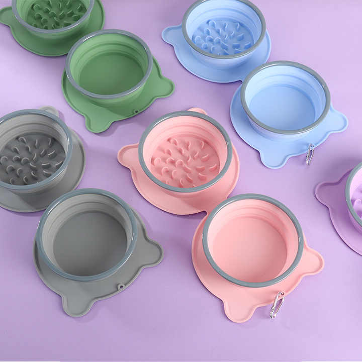 Grey Portable Collapsible Pet Bowl Set - Food-Grade Silicone Double Bowl for Dogs & Cats, Anti-Slip & Easy to Clean