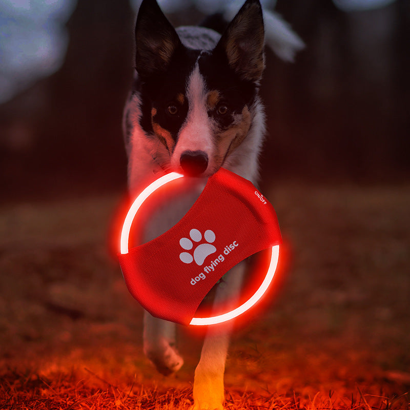 Red LED Rechargeable Dog Flying Disc - Glow-in-the-Dark Pet Training Toy with Paw Design