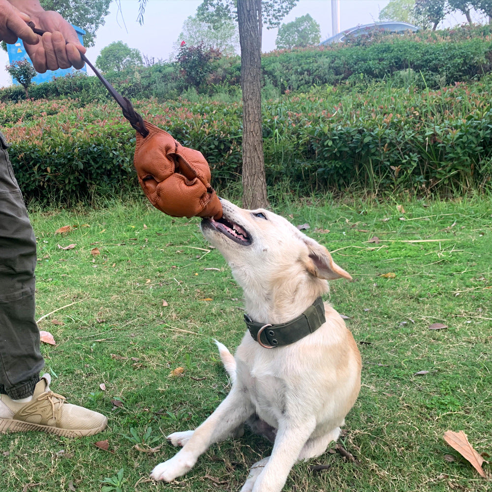 Red Durable Leather Dog Training Ball with Loop Handle - Interactive Bite & Tug Toy for Playful Pups