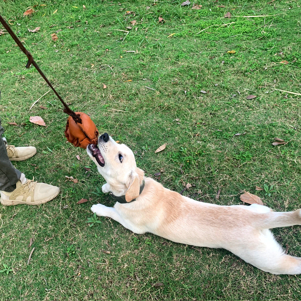 Red Durable Leather Dog Training Ball with Loop Handle - Interactive Bite & Tug Toy for Playful Pups