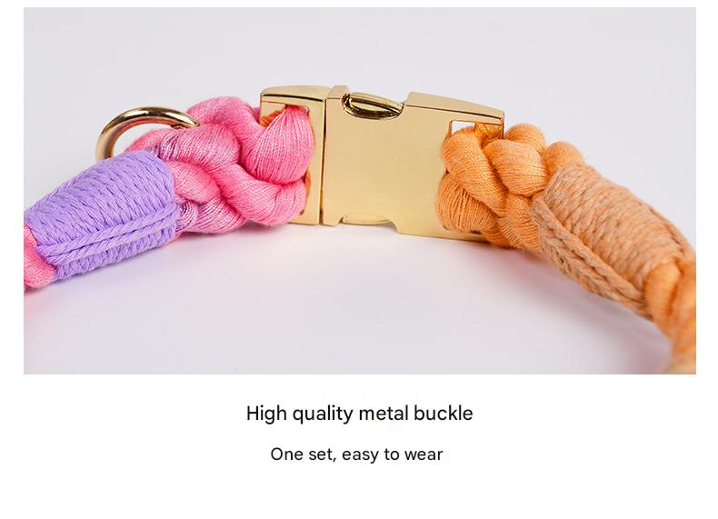 Handmade Gradient Rope Dog Collar & Leash Set - Colorful Braided Cotton (Pink purple - Size S)
