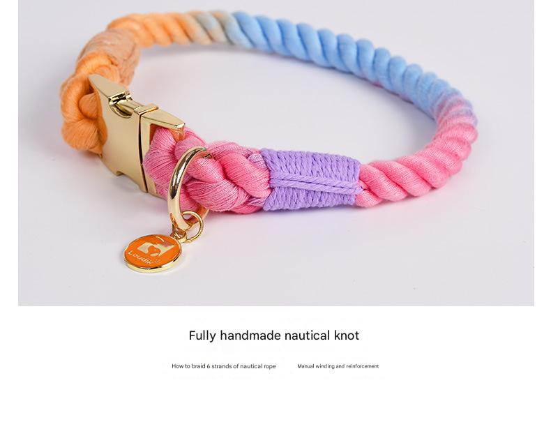 Handmade Gradient Rope Dog Collar & Leash Set - Colorful Braided Cotton (Pink purple - Size M)