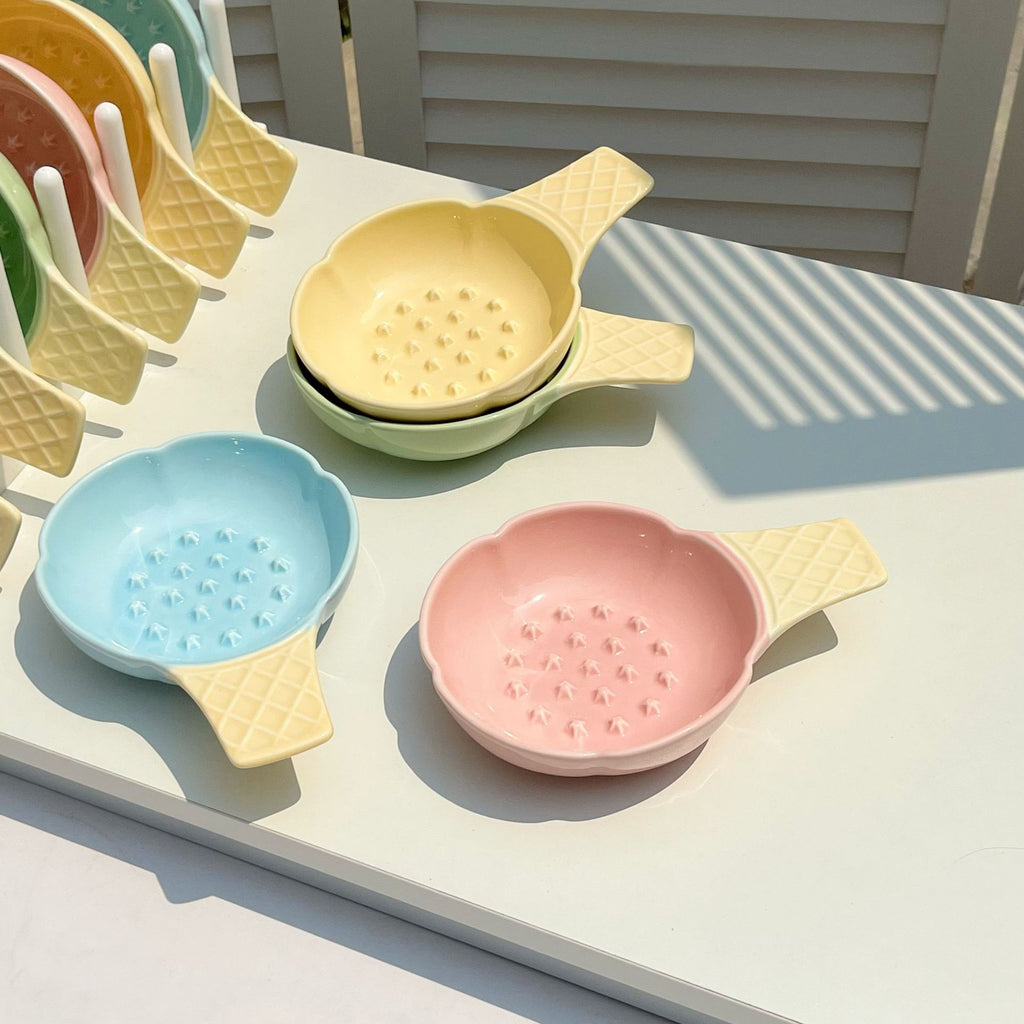 Pink and Yellow Adorable Ice Cream Cone Ceramic Slow Feeder Pet Bowl - Fun Anti-Gulp Design for Cats & Dogs