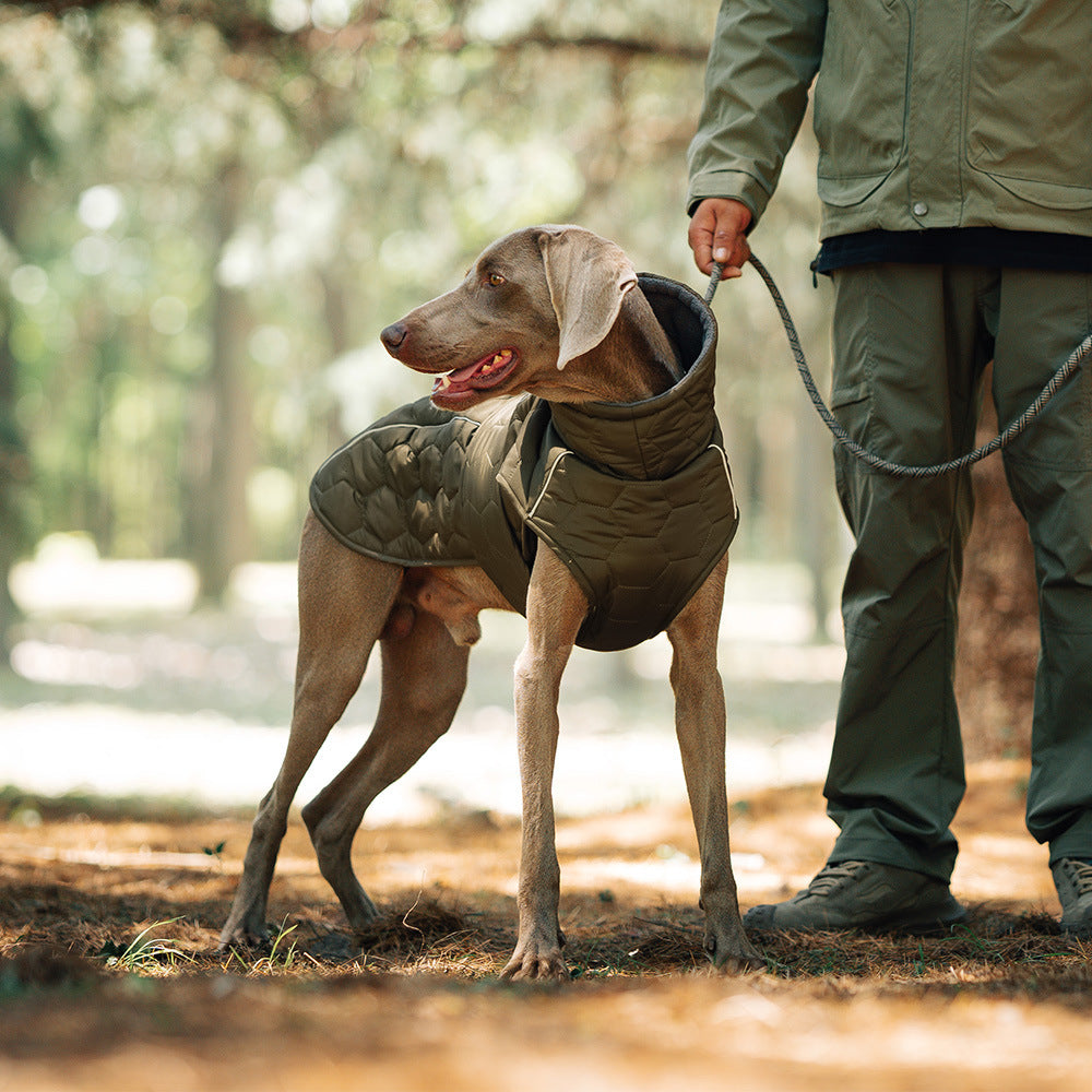 Size 2XL Olive Green Warm Quilted Dog Winter Coat - Adjustable Fleece-Lined Puffer Vest with Reflective Trim & Leash Port